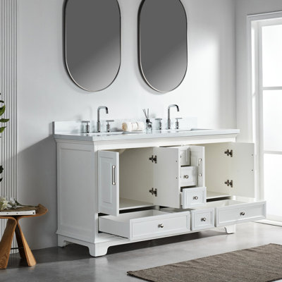 Meuble-lavabo double blanc autoportant de 60 po, entièrement assemblé, armoire en bois d'hévéa massif, fonction de fermeture en douceur, marbre d'ingénierie de classe A, idéal pour la couleur, la construction, la construction, le mécanisme de fermeture,
