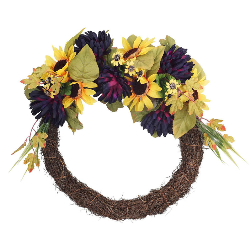 Couronne florale artificielle tournesol et brindille d'automne 20 po