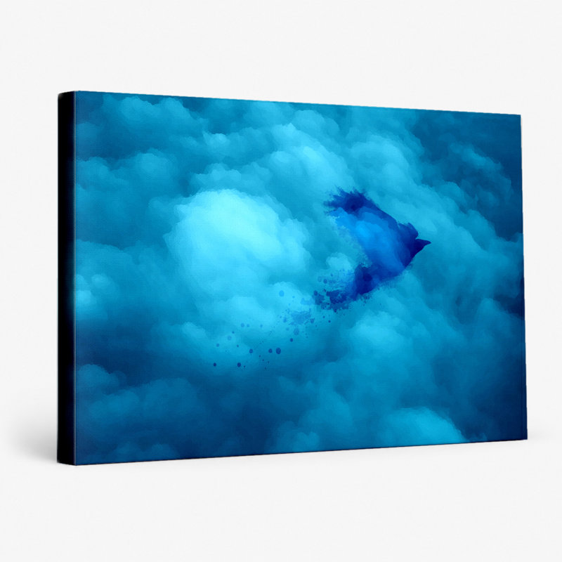 Oiseau bleu dans les nuages - art mural sur toile paysage, L 20 po x H 16 po