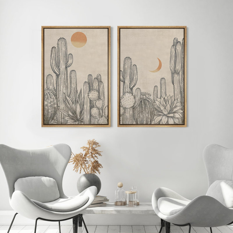 Desert Flora Cacti with Sun and Moon Illustrations Modern Art Decor Boho Calm Zen Living Room, 36'' H x 24'' W