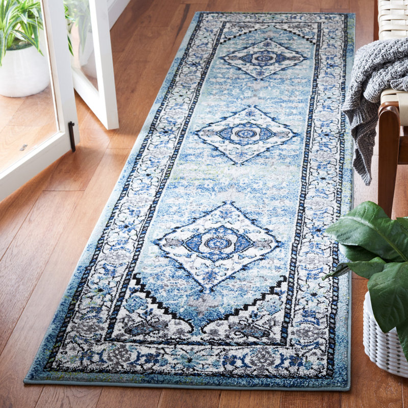 Tapis bleu-vert / ivoire Evanoff 261, Tapis de couloir 2 pi 3 po x 8 pi