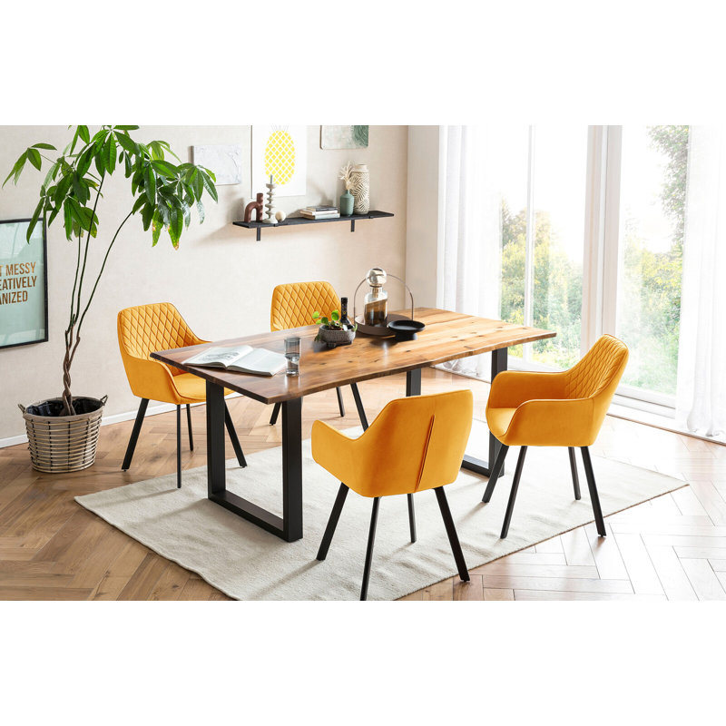 4 - Person Dining Set, Cognac/Yellow/Black, 75cm H x 180cm W x 90cm D, Black/Yellow/Cognac