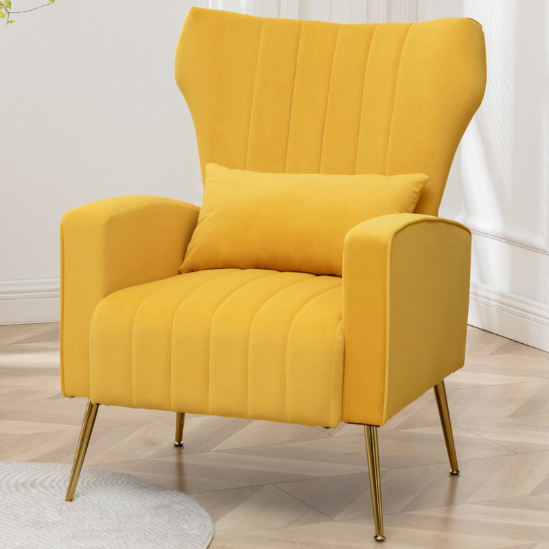 Upholstered Accent Chair With Pillow For Living Room, Yellow