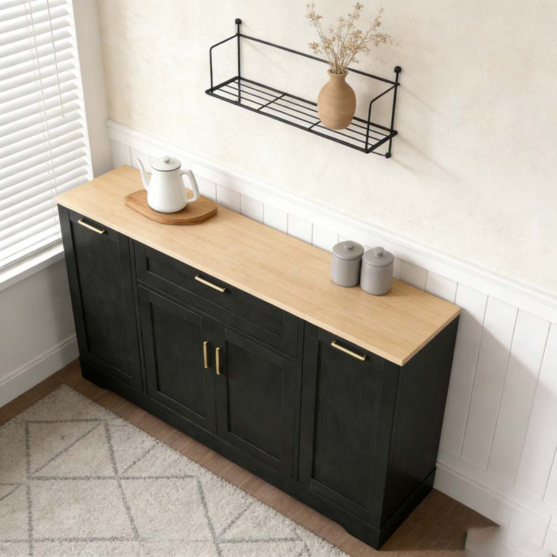 Multi-Functional Storage Sideboard, Extendable Dining Table, Adjustable Shelves, 3-Tier Pull-Out Rack, Kitchen Island, Black