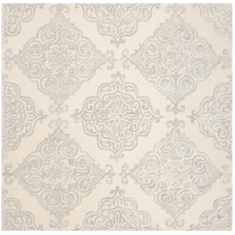 Bernon Hand Tufted Viscose/Wool Geometric Rug in Ivory/Silver, Square 6'