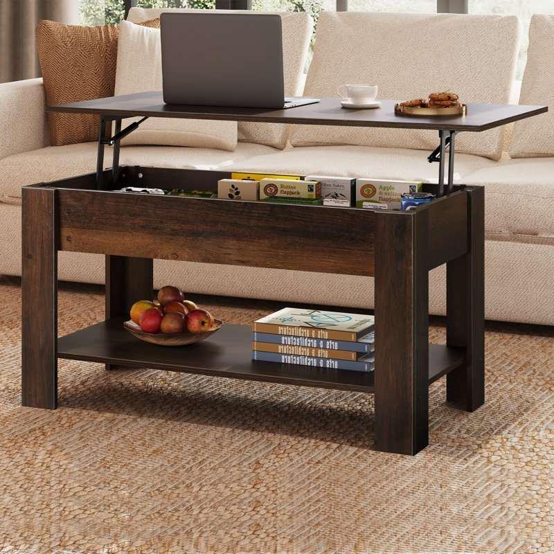 Table basse à plateau relevable Sparta avec rangement et tablette ouverte, table basse moderne, table basse carrée pour le salon et le bureau personnel
