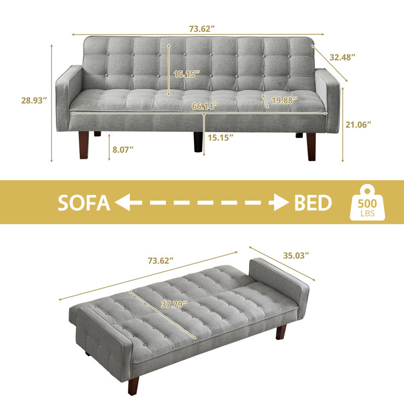 Lit double / futon double rembourré de 73,62 po pour lit double, canapé-lit convertible moderne avec accoudoirs réglables pour studio, appartement, bureau, petit espace, salon compact