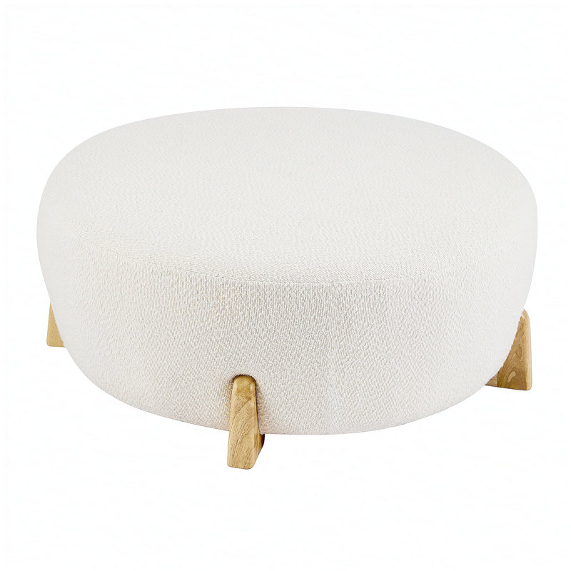 Modish Round Ottoman: BoucleTop with Splayed Rubber Wood Legs, White, White