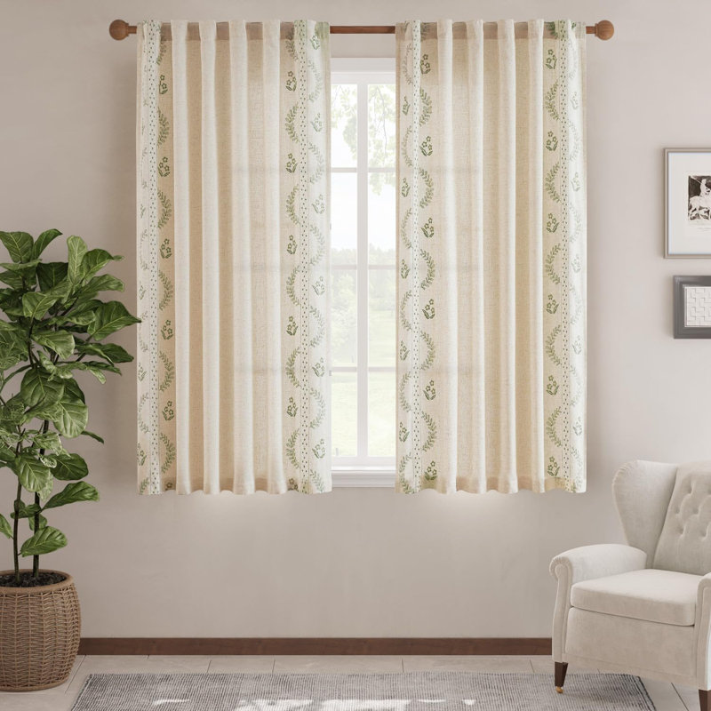 Rideaux brodés en lin mélangés à motif de fleurs de ferme pour chambre à coucher, Sauge, L 50 po x L 63 po