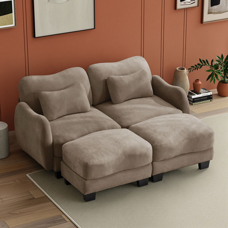Canapé deux places en chenille avec pouf amovible, coussin lombaire et coussins à ressorts, Café