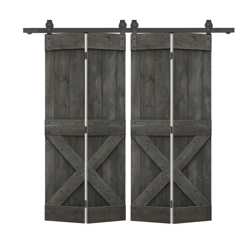 Porte de grange en bois 84 pliable avec trousse de quincaillerie d'installation, Gris carbone, 60 po x 84 po