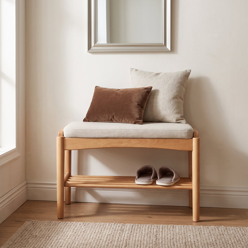 Banc à chaussures rembourré en chêne massif, H 16,53 po x l 17,72 po x P 11,8 po, Chêne naturel / beige