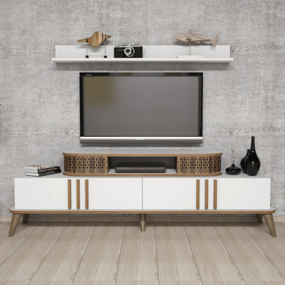 Modern White TV Unit with Wall Shelf & Numerous Shelves, 66.1 x 20.3 x 15.4 inches | 100% Melamine Coated Particle Board, Thickness: 0.7 inches | Stylish & Functional Storage Solution for Living Room & Entertainment Spaces