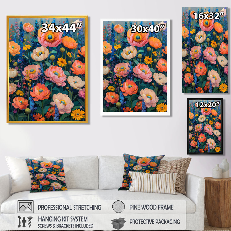Fleurs bleues et orange, fleurs sauvages d'été - Art mural fleurs sauvages, Cadre flottant brun, 24" H x 32" W