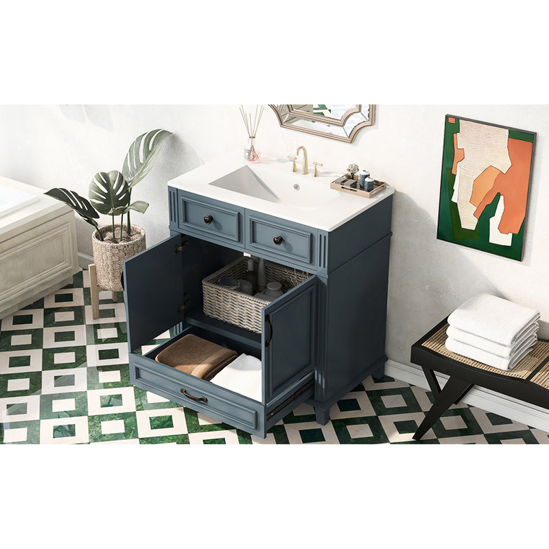 Meuble-lavabo de 30 po de style rétro, couleur bleue, structure en bois massif, lavabo en céramique, planches, mécanisme de fermeture en douceur, meuble-lavabo à poignées en métal exquis, design, lavabo brillant, portes, rangement spacieux,