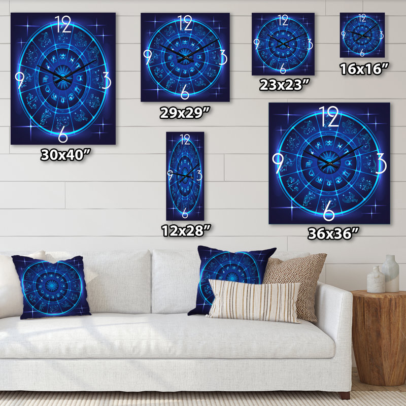 Horoscope néon bleu profond avec signes du zodiaque, Grand