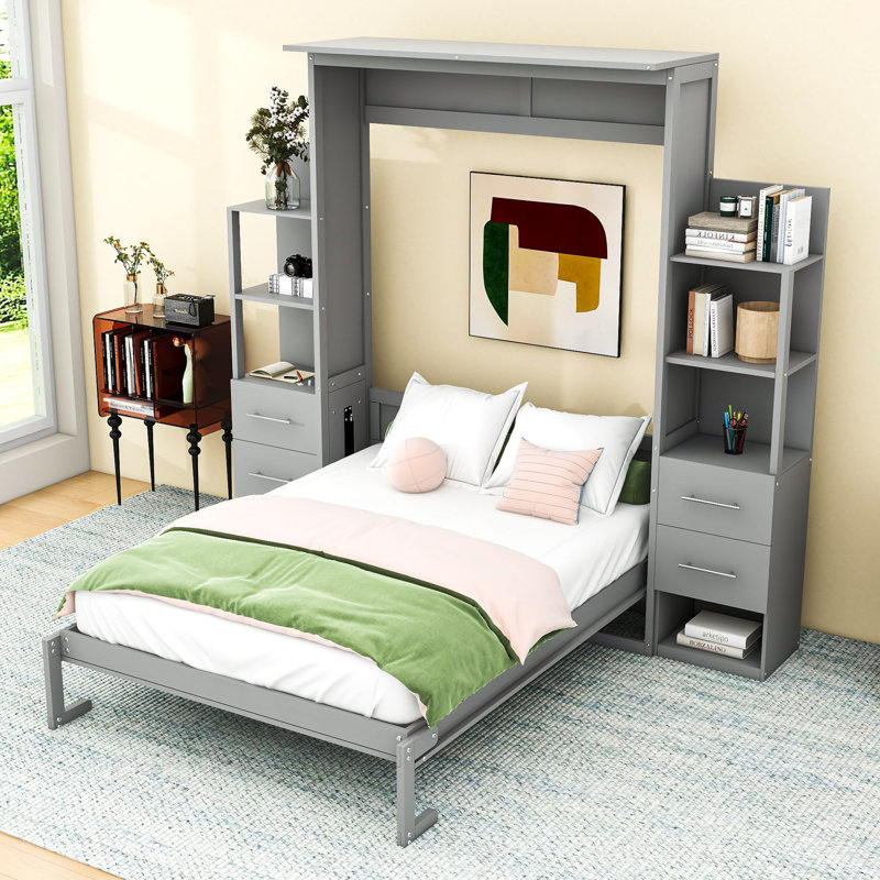 Wood Space-Saving Murphy Bed with Multi-Functionality, Gray, Full