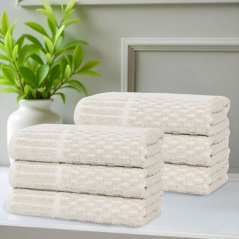 Blue Nile Mills Viscose Cotton Blend Hand Towel Set - Checkered Texture - Quick-Dry, Fade-Resistant, Beige