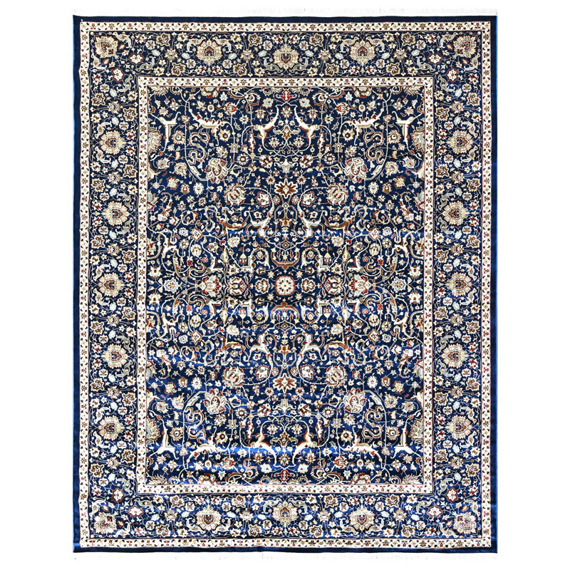 Tapis traditionnel bleu marine en laine 8 pi 10 po x 11 pi 10 po