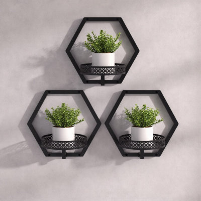 Ensemble de 3 pots à fleurs muraux pour plantes d'intérieur, supports à plantes muraux hexagonaux en métal avec tablette ajourée pour le salon, la fenêtre et la décoration extérieure