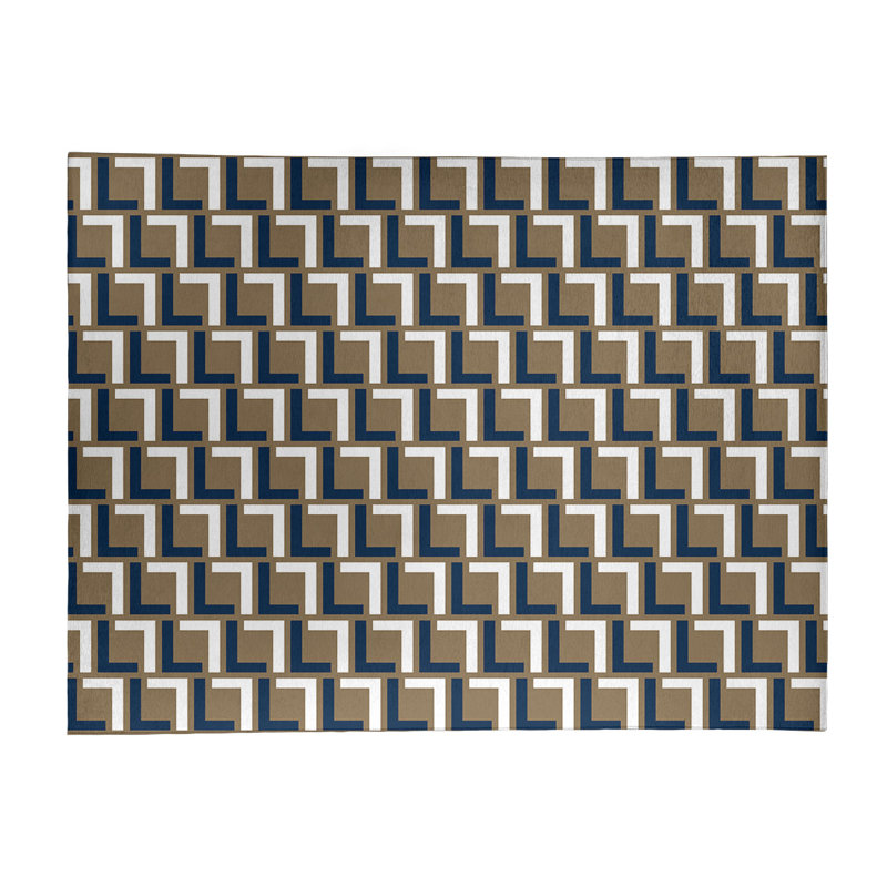 Tapis géométrique bleu marine / brun / blanc, Rectangle 5 pi x 7 pi