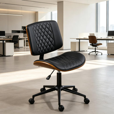 Chaise de bureau moderne sans accoudoirs avec structure en bois courbé, assise en similicuir capitonnée en losanges, chaise de bureau pivotante réglable en hauteur pour bureau à domicile