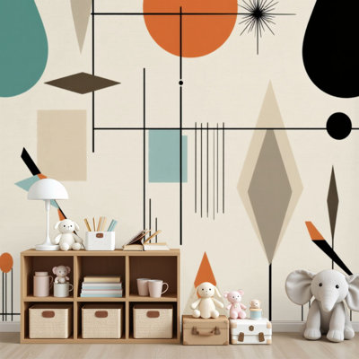 Papier peint auto-adhésif à motifs géométriques abstraits à motif géométrique Mid-Century moderne à motif de cercles et de lignes H 69 po x l 96 po, papier peint amovible en PVC autocollant pour chambre à coucher, bureau à domicile