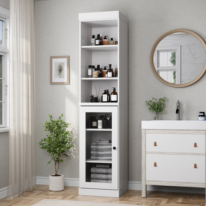 Armoire de rangement 100% bois massif 16,5 po avec portes en verre transparent et tablettes réglables, Blanc