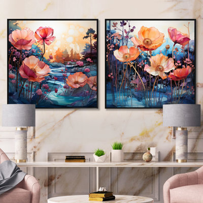 Floral, encre à l'alcool, paysage - ensemble de 2 collages carrés abstraits