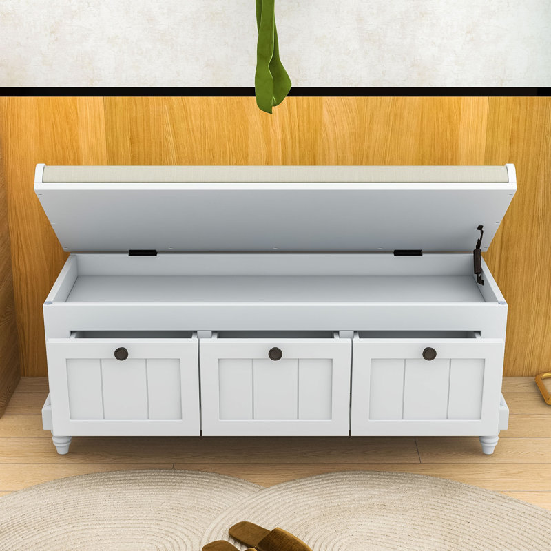 Banc de rangement d'inspiration rétro avec siège rembourré, portes rainurées, Gris clair