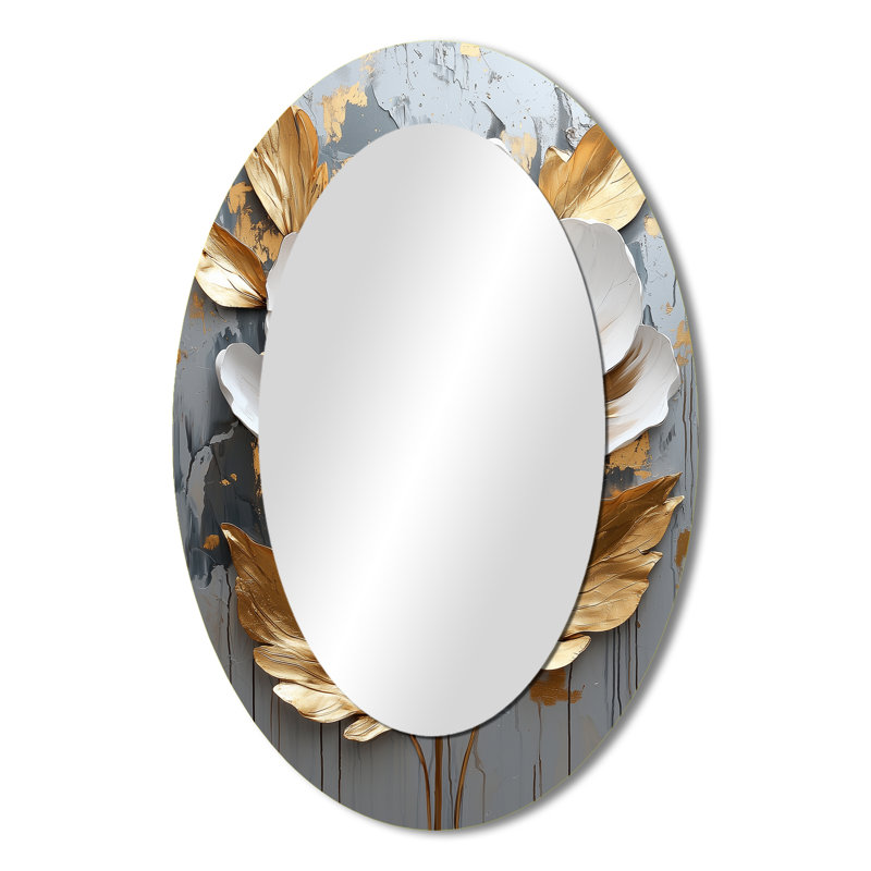 Or doré marbre blanc pivoine II - grand miroir mural ovale sur métal, 36 po x 24 po