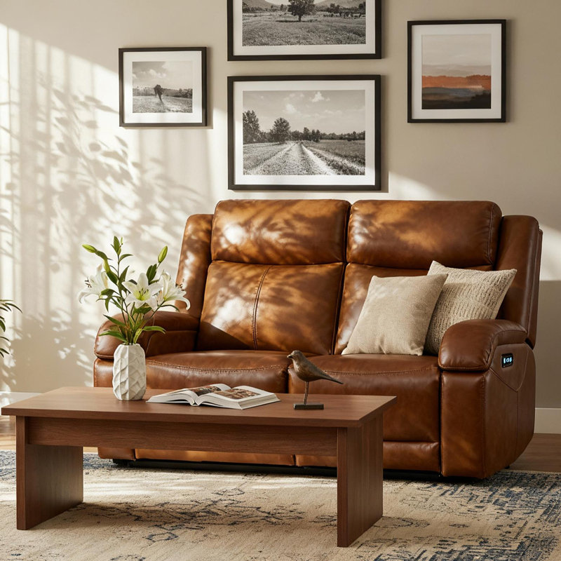 Zachery Genuine Leather Power Reclining Sofa, 2, Saddle Brown