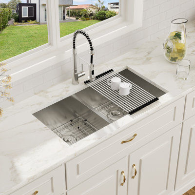 36-inch Low Divide Undermount 50/50 Large Double Bowl 16 Gauge Stainless Steel Kitchen Sink with Accessories