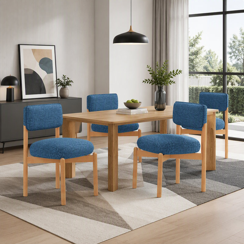 Chaises de salle à manger modernes en bois (ensemble de 2), chaises rembourrées en tissu de lin avec structure en bois massif et assise rembourrée
