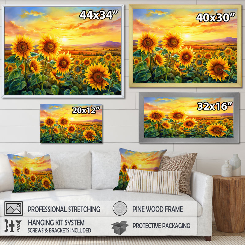 Sunflowers Burning Sunset - Tournesols, reproductions encadrées, Cadre photo noir, H 16 po x l 32 po x P 1 po