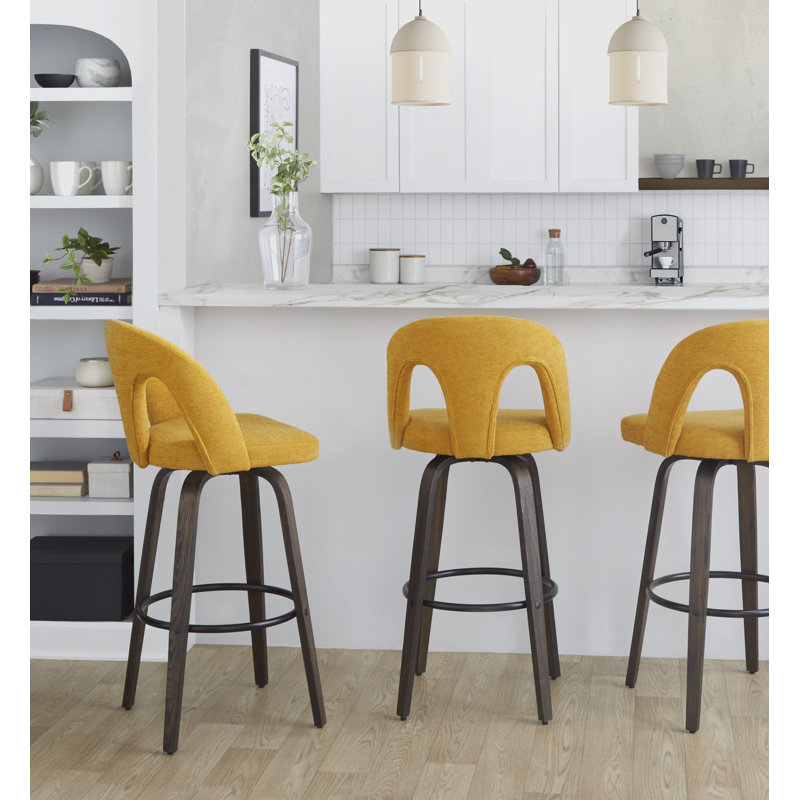 Tabourets de bar 30 po Caden, Noyer / noir, Tissu jaune, Tabouret de bar (siège d’une hauteur de 30 po)