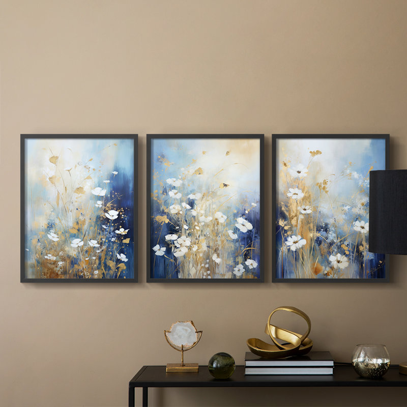 Floral Study  Series  XC  -Set Of 3 Framed Giclee Prints -Ready to Hang, 14" H x 33" W, Black