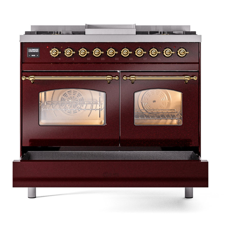 ILVE Nostalgie II Series 40 inch Dual Fuel Range with 6 Sealed Burners, Griddle (Glass Door), Liquid Propane, Burgundy/Brass