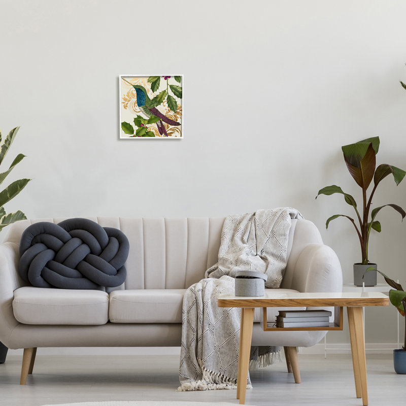 Curieux colibri motif doré hivernal hivernalDaphne Polselli, H 12 po x l 12 po, Giclée encadrée blanc bord de mer