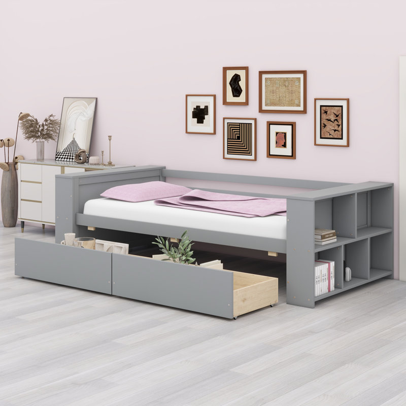 Lit de jour avec tablettes et tiroirs, Gris