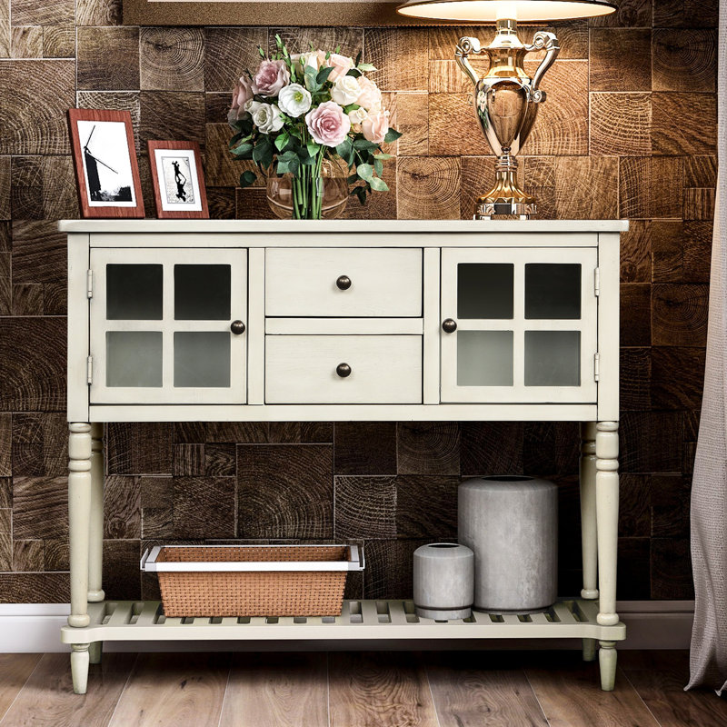 Buffet avec tablette ouverte et portes en verre - Finition grise antique pour le rangement de décoration nécessaire