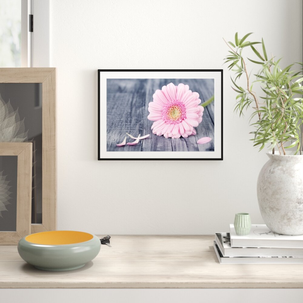 Gerahmtes Poster Pinke Gerbera auf rustikalem Boden