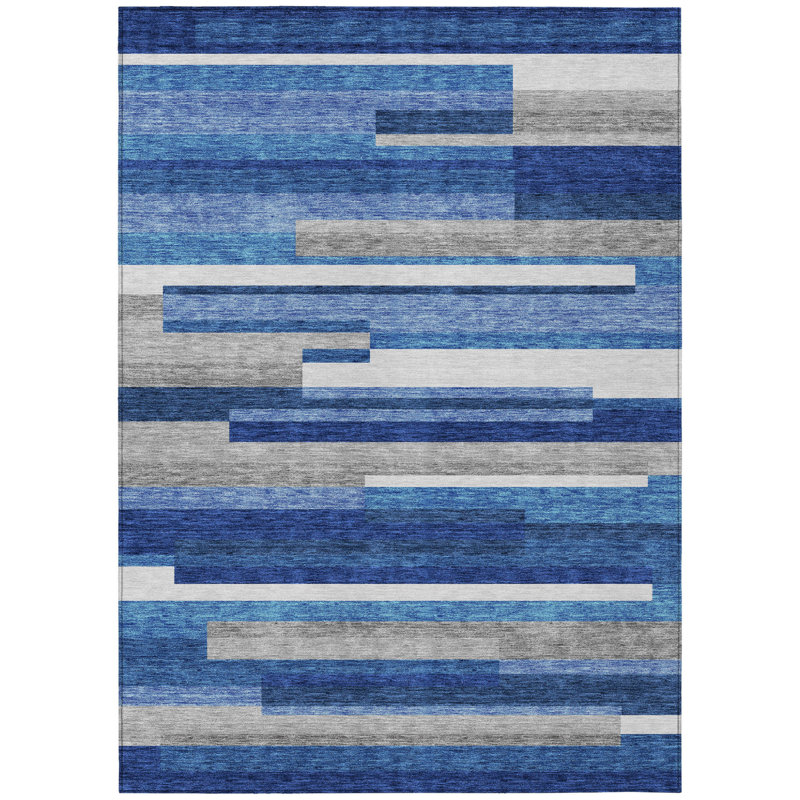 Tapis intérieur lavable rayé bleu marine et bleu denim HomeRoots 3 pi x 5 pi