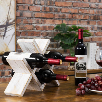 Support à vin rustique en bois blanchi pour 4 bouteilles - Rangement de comptoir Farmhouse X-Design, compact pour la cuisine, le bar, la station café (peut contenir 750 bouteilles, facile à nettoyer)