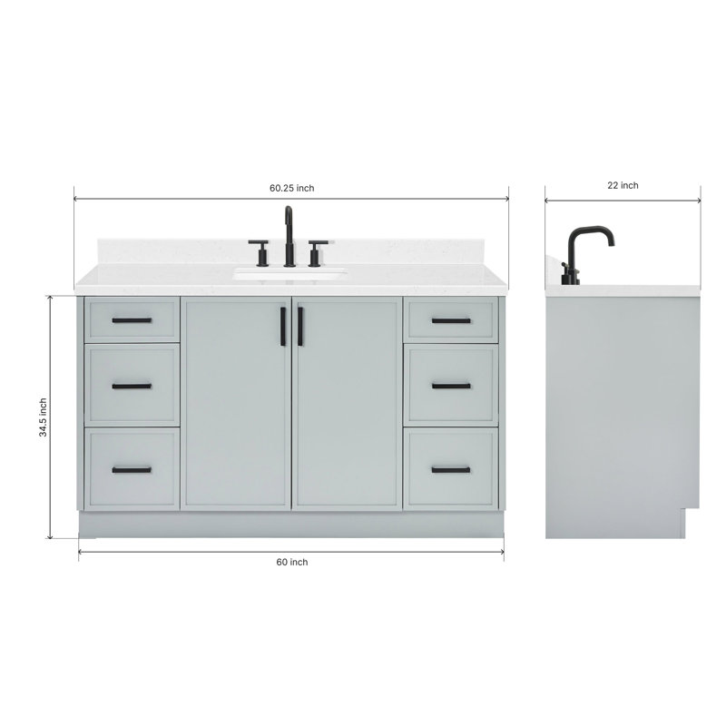 Meuble-lavabo à simple cuve ARIEL Kelly avec comptoir en quartz de Carrare, Forme rectangulaire, Gris, 60"