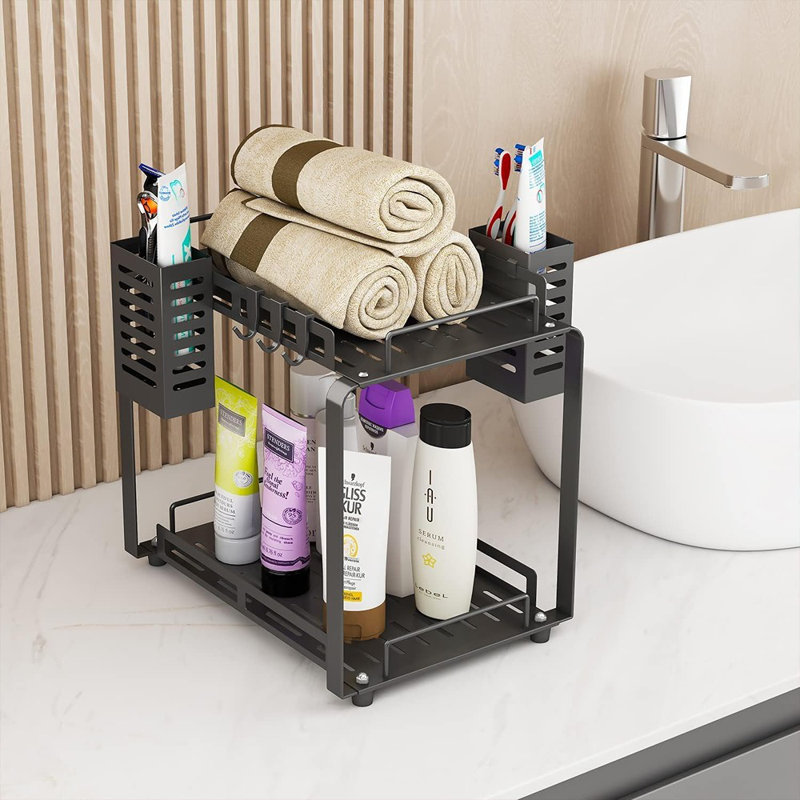 Grand comptoir de rangement de salle de bain, tablettes de rangement à 2 niveaux avec porte-brosses à dents, support de rangement de comptoir de salle de bain avec panier et crochets en métal noir