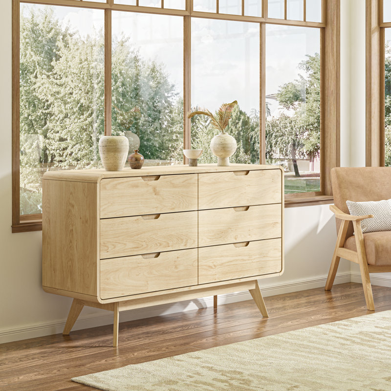 6-Drawer Dresser 47.2"W Double Dresser With Rounded Edges,Bedroom Dresser,Wooden Chest Of Drawers, Oak