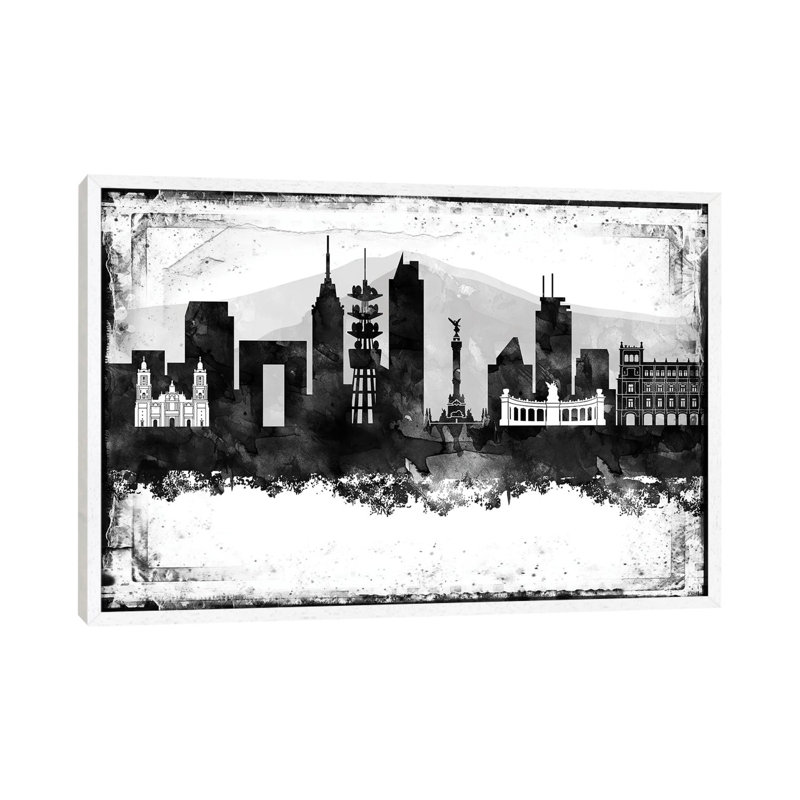 Mexico City Black And White Framed Skylines 1 Piece Floater Frame Wall Art on Canvas, 101.6 cm H x 66.04 cm W