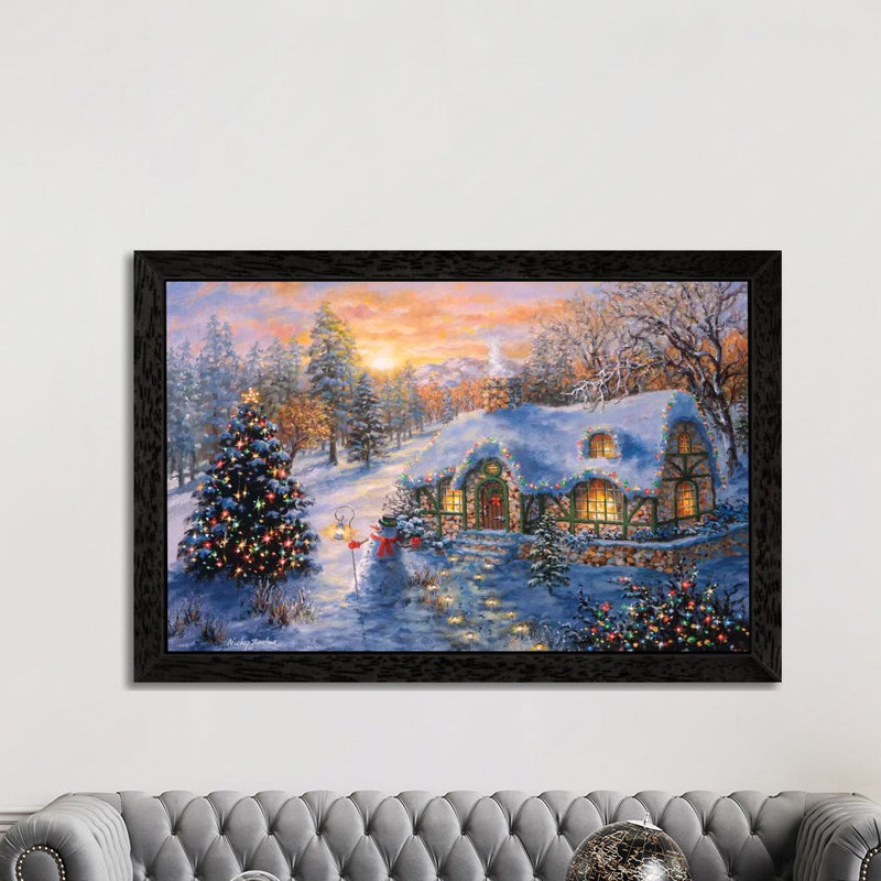 Christmas Cottage I by Nicky Boehme - Painting on Canvas, 20.32 cm H x 30.48 cm W, Black Framed