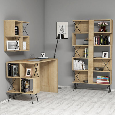 Ensemble de bureau et bibliothèque Modern Study, panneau de particules enduit 100% mélamine, finition chêne / noir | De bureau: 47,2 po x 30,9 po x 23,6 po | Bibliothèque: 35,4 x 65,9 x 8,7 pouces | Tablette murale: 23,6 po x 23,6 po x 9,4 po | Solution de rangement élégante et fonctionnelle